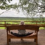 A serene moment captured from a wooden deck, facing a vibrant green countryside horizon.